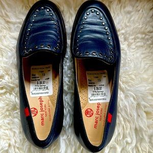 Women’s size 7 1/2 navy blue Marc Joseph, handmade in Brazil leather loafers